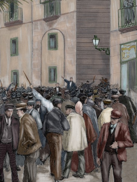 Spain. Barcelona. Working demonstration. Engraving. Colored.