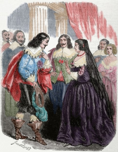 Interview between the king Louis XIII of France (1601-1643) and his mother Marie de'Medici. Colored engraving.