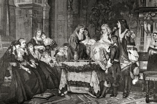 The posthumous baptism. Engraving.