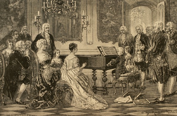 Maria Anna (Nannerl) and Wolfgang Amadeus playing before the Empress Maria Theresa (1717-1780) . Vienna, 1762. Engraving .