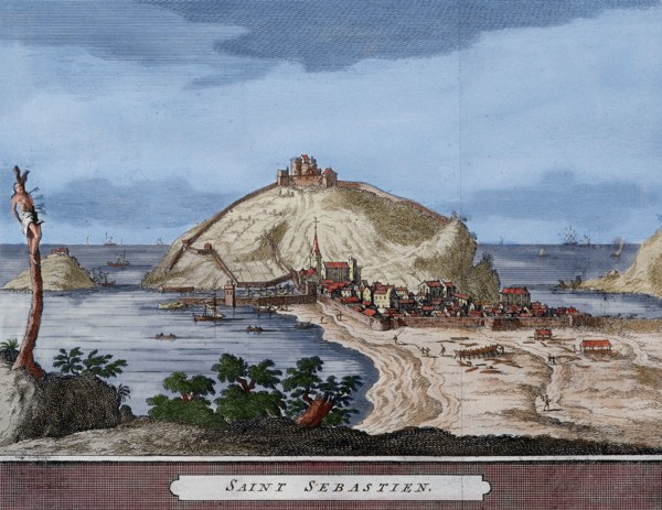 Spain. San Sebastian or Donostia. Santa Clara Island. Map. Late 16th century - 17th century. Engraving. Colored.