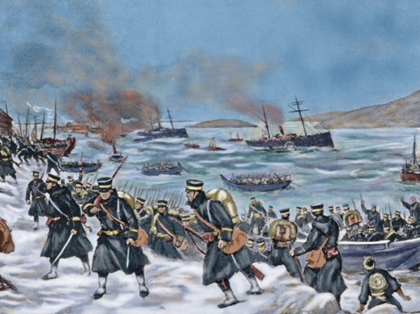Russo-Japanese War (1904-1905). Landing of Japanese troops in Chemulpo. Colored.