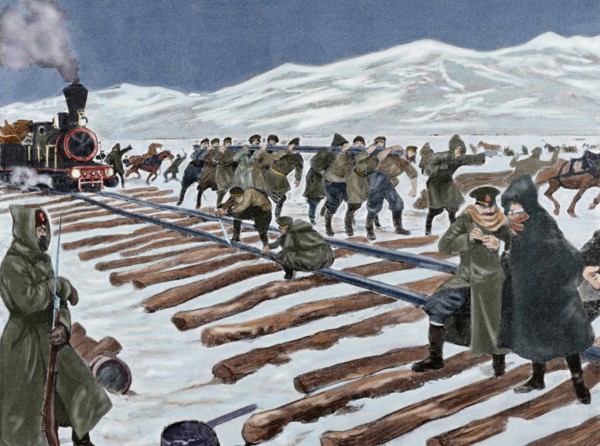 Russo-Japanese War (1904-1905). Construction of a railroad across the ice on Lake Baikal. Colored engraving.