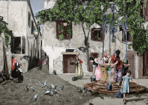 By the Well. Engraving. Colored.
