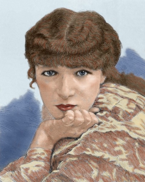 Sarah Bernhardt (1844-1923). French actress. Portrait. Engraving. Colored.