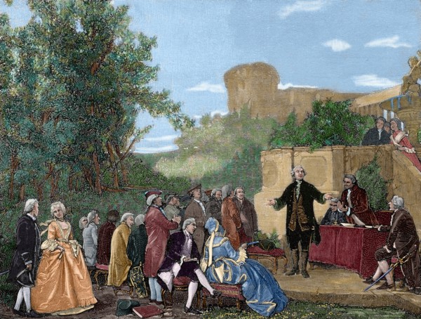 Carlo Goldoni (1707-1793), Italian playwright, reciting. Engraving. Colored.