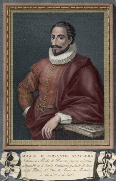 Miguel de Cervantes (1547-1616). Colored engraving.
