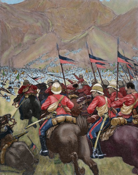 Africa. Charging of the English cavalry. Engraving. Colored.