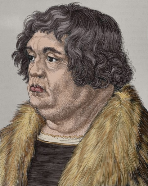 Willibald Pirckheimer (1470-1530). German lawyer, author and humanist. Portrait. Engraving. Colored.