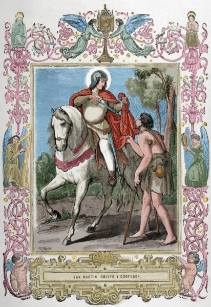 St. Martin of Braga (520-589) sharing his cloak with a beggar. Engraving. Colored.