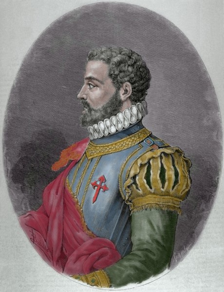 Alonso de Ercilla (1533-1594). Spanish nobleman, soldier and epic poet. Portrait. Engraving by Capuz. 19th century. Colored.