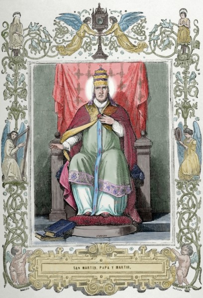 Pope Martin I (d. 655). Engraving by Cibera. Ano Cristiano, 1853. Colored.