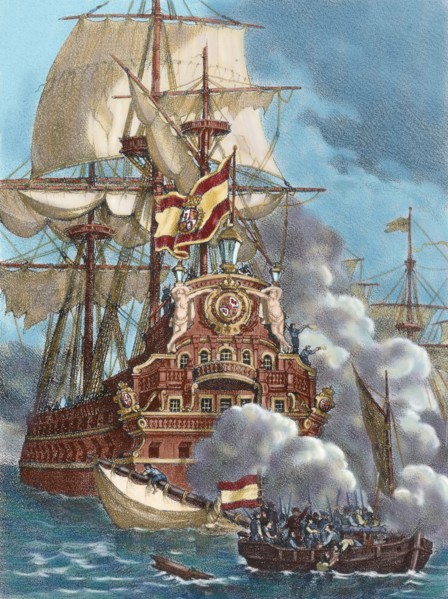 The Brethren or Brethren of the Coast attacking three Spanish galleons.