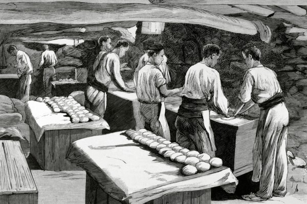 Campaign ovens set up by the military administration. Breadmaking.