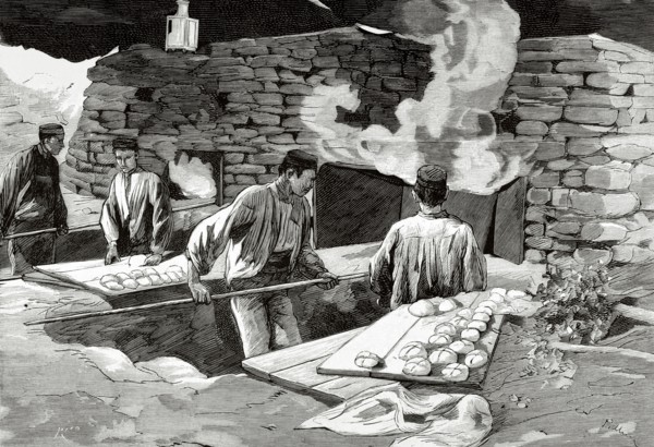 Campaign ovens set up by the military administration. Breadmaking.