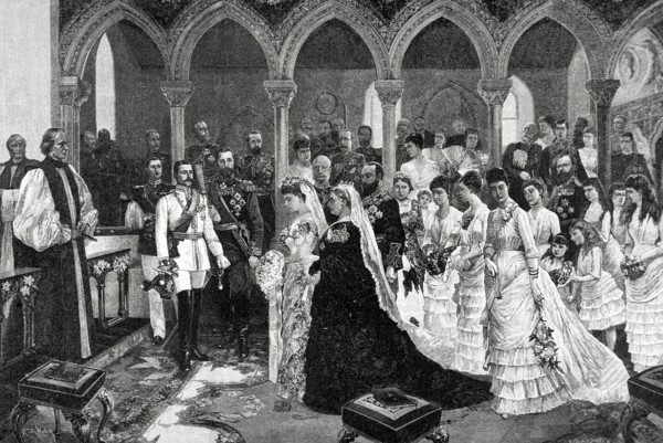 The Queen Victoria I of England at the wedding of the Princess Beatrice and Prince Henry of Battenberg.