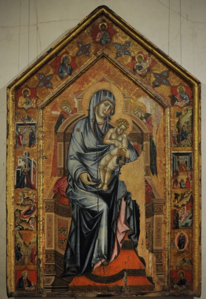 Madonna and Child Enthroned with hagiographical scenes in stamps.