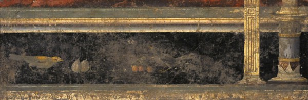 Roman fresco depicting a baseboard with birds and fruit.