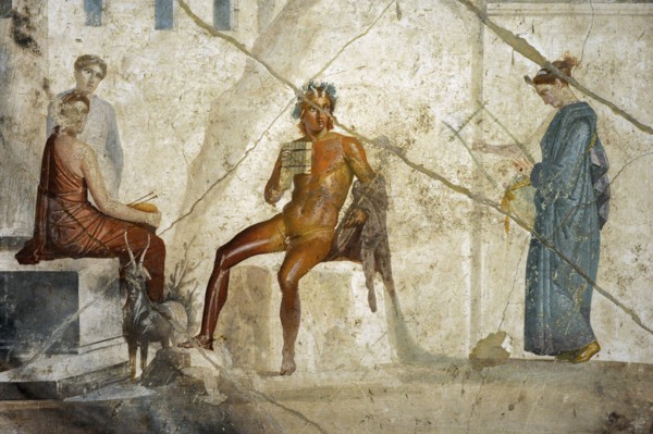 Roman fresco depicting Pan playing the double flute with a nymph playing the lyre and two other nymphs accompanying them.