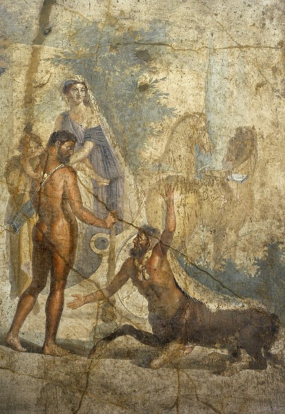 Heracles with Hyllus in arms, looks at the centaur Nessus.