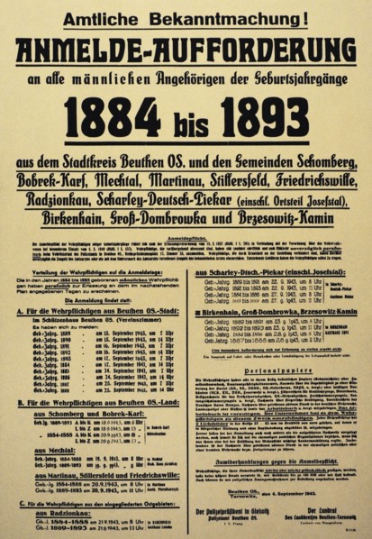 Poster of 1943 encouraging recruits from Bytom and other cities incorporated into the Reich after 1939, and informing them of their duty.