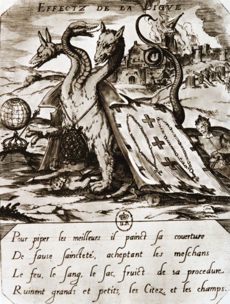 Propaganda print depicting Huguenot against the Catholic league.