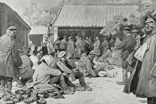 Russian soldiers wounded and convalescing in a village in Manchuria.