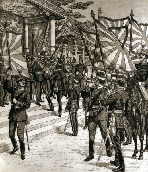 The Japonese emperor Meiji delivering the flag to his troops.
