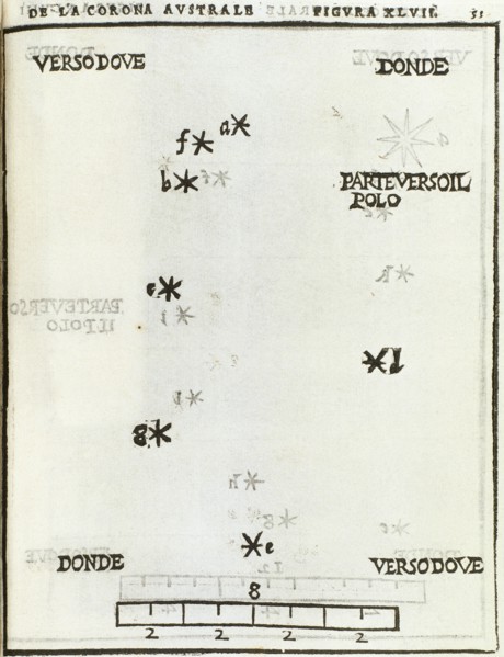Corona Australis, constellation. Hemisphere. Engraving, 1559. Dele Stelle Fisse by A.Piccolomini