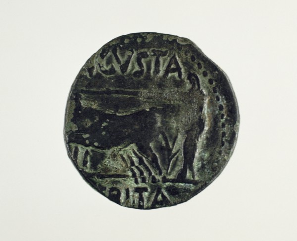 Roman coin. As. Reverse. 1st century BC. Decoration: Merida foundation. Oxen guided by a priest. Merida (Augusta Emerita).