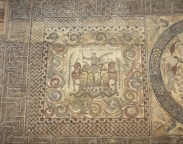 The Aurigas mosaic. 4th century. The victoriuos charioteer Marcianus with his chariot. Merida. Spain.
