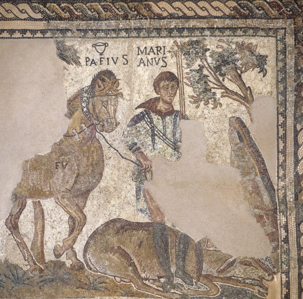 Roman mosaic. Hunter with dead deer. Merida (Augusta Emerita). Spain.