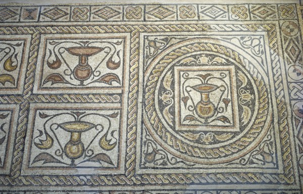 Roman mosaic. Decoration with vessels. 1st century AD. From Merida (Augusta Emerita). National Museum of Roman Art. Merida. Spain.