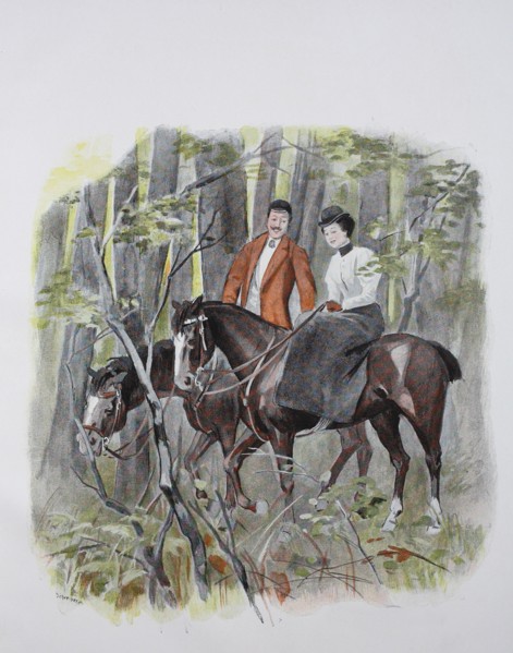 Couple rides on horses in the forest