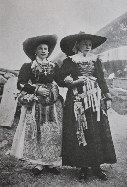Bride and bridesmaid in the traditional dress of Val Gardena