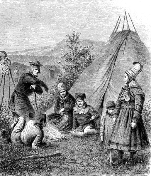 fjeld people in festivity dree in front of their tents