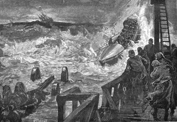 a lifeboat is brought to sea in heavy seas  /  ein Rettungsboot wird bei schwerem Seegang zu Wasser gebracht
