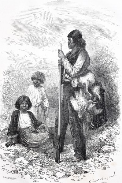 Indian hunter from California and two Indian girls  /  Indianischer Jäger aus Kalifornien und zwei indische Mädchen