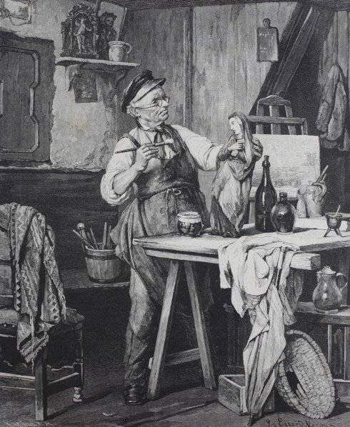 Artist paints a carved madonna in his workshop  /  Der Künstler malt eine geschnitzte Madonna in seiner Werkstatt