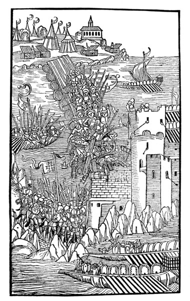 In 1480 the small Knights Hospitaller garrison of Rhodes withstood an attack of the Ottoman Empire  /  Szene aus der Belagerung von Rhodos