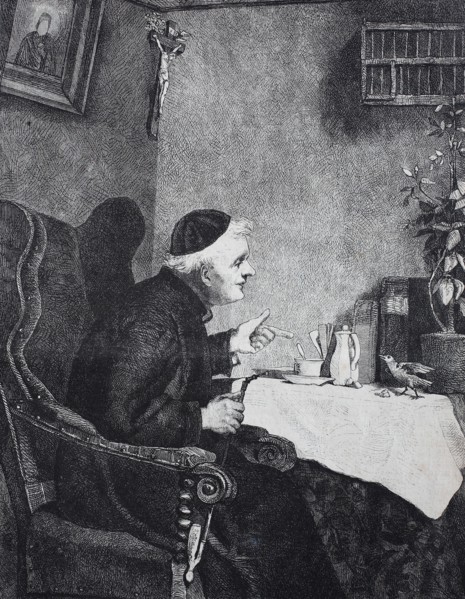 Priest sits at the table and has caught a bird eating the cake crumbs  /  Priester sitzt am Tisch und hat einen Vogel beim Auflesen der Kuchenkrümel ertappt