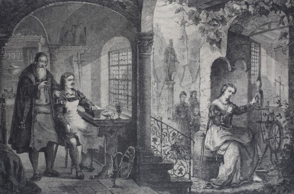 The goldsmith journeyman observes a woman on a spinning wheel  /  Der Goldschmiedegeselle beobachtet eine Frau am Spinnrad