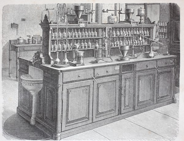 View of a worktable in the chemical laboratory of the University of Leipzig