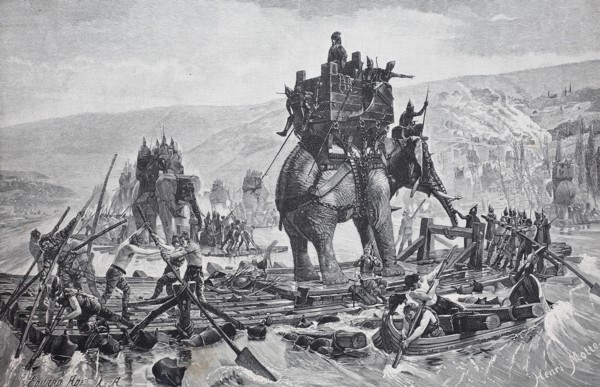 Hannibal crosses the river Rhone with his elephants