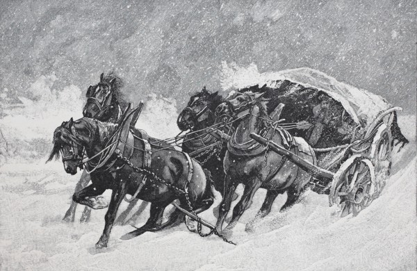 four-horse horse-drawn carriage got stuck in the snow