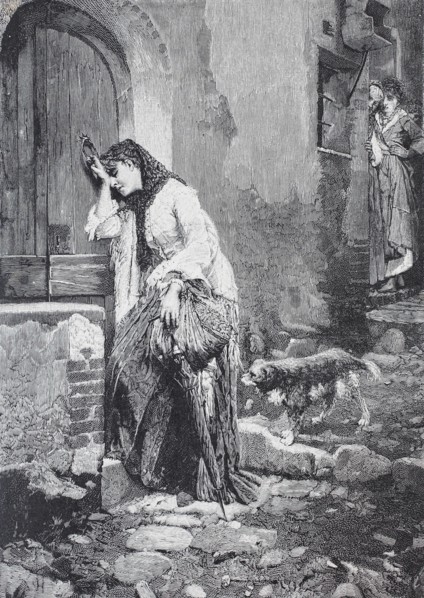 Tired street vendor leans against a house