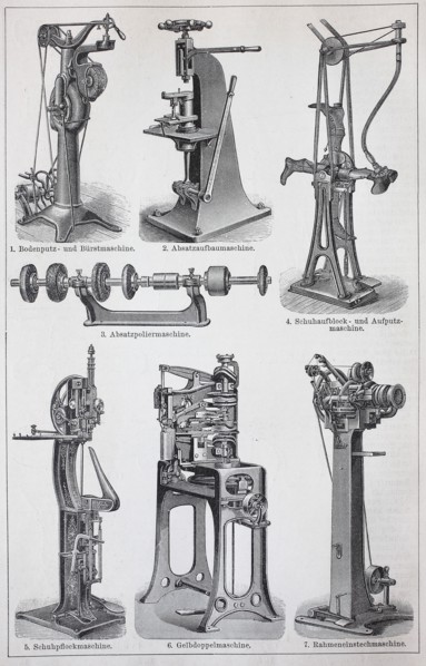 various machines for the production of shoes  /  verschiedene Maschinen zur Herstellung von Schuhen