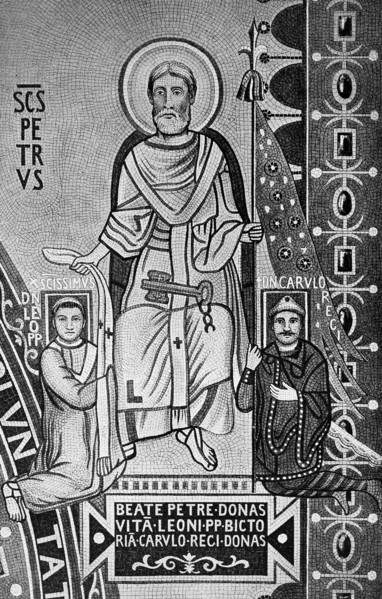 St. Peter presents Leo III with the stole and Charlemagne with the flag as a sign of spiritual and secular rule