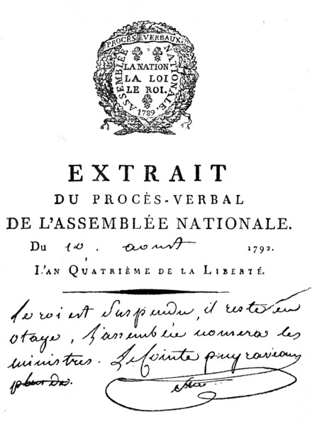 Facsimile of the decree of the National Assembly of 10 August 1792