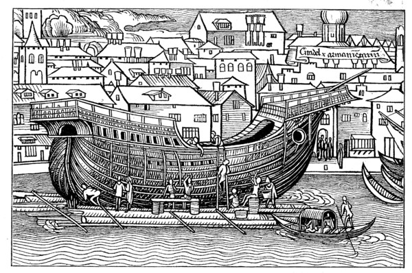 A large ocean-going vessel under construction of the Hanseatic League of Cities in the 15th century